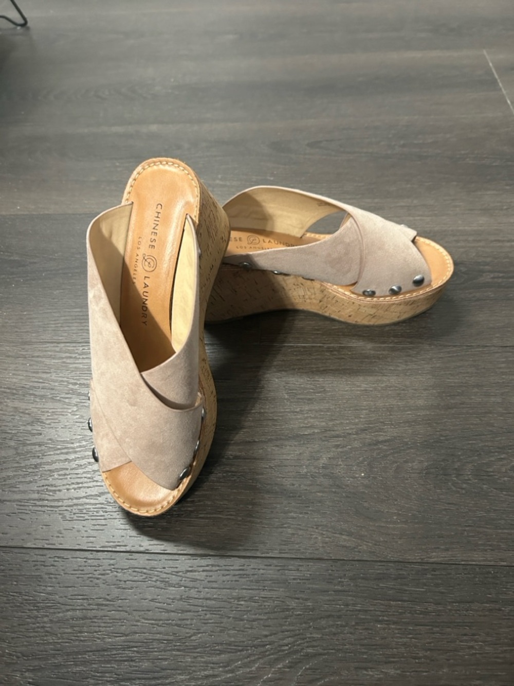 Chinese Laundry Taupe Blush Suede Cork Wedge Studded Sandals - Picture 3 of 6